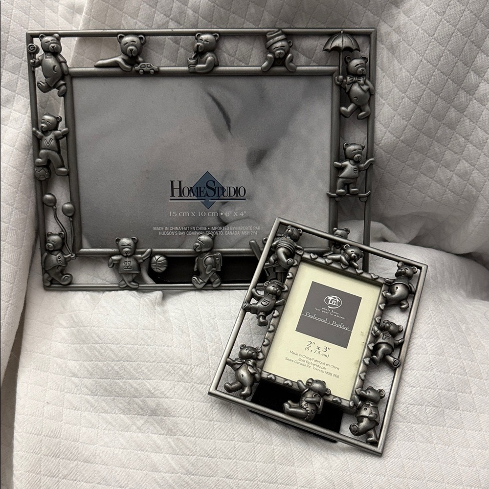 Pewter Teddy Bear-Themed Picture Frame Set of 2 (6x4 and 2x3) New